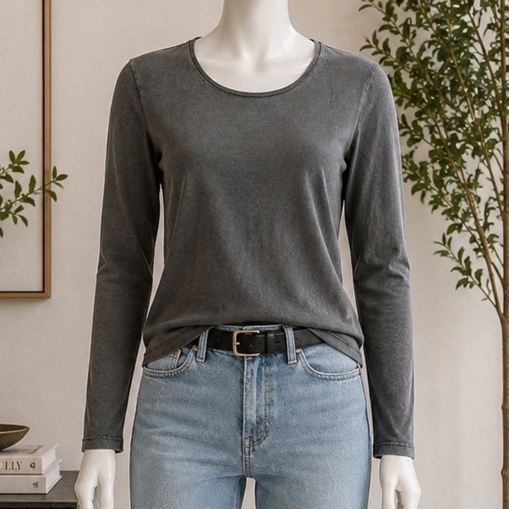 Zara Womens Long Sleeve Shirt Gray Acid Wash Basic Tee XS